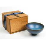 Jun-type ceramic bowl, the mottled blue ground with a purple splash to the interior, with a wood