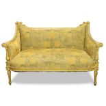 Louis XVI style giltwood settee, the shaped crest accented with rosettee medallions, above