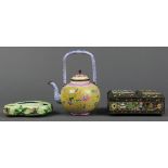 (lot of 3) Chinese enameled metal work: the first a two compartment brush washer with floral sprigs;