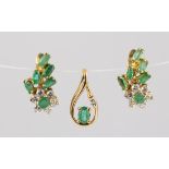 (Lot of 2) emerald, diamond and 14k yellow gold jewelry suite Including 1) pair of emerald,