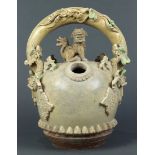 Vietnamese Battrang glazed lime pot, 17th c, the handle with phoenix and dragons, the top of the
