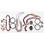 Collection of multi-stone bead, coral, silver and metal jewelry Including 1) carved and pierced