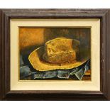 Dean Packer (American, 20th century), Still Life with Hat and Denim Jacket, oil on board, signed