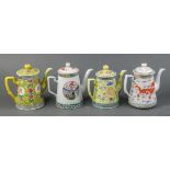 (lot of 4) Chinese porcelain teapots, each of conical form, two white ones with dragon and/or