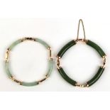 (Lot of 2) Jade and 14k yellow gold bracelets Including 1) jadeite segment and 14k yellow gold, 7.25