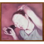 He Sen (Chinese, b. 1968), Girl Fixing her Hair, 2000, oil on canvas, signed and dated lower left,