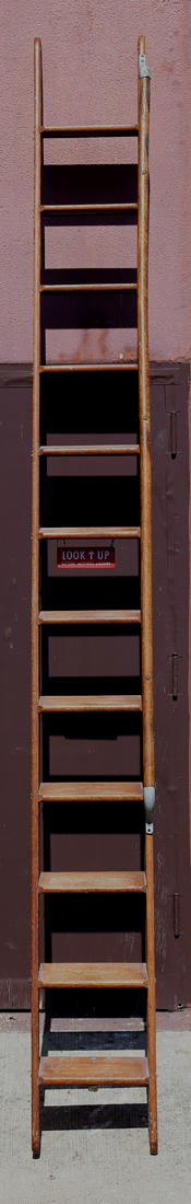 (lot of 2) Western Electric oak ladders, manufactured by Bond Lumber and Milwork Corp., 137"h - Image 3 of 3