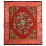 (lot of 2) Chinese textile panels: first, kesi woven with flowers and butterfly on a red ground;