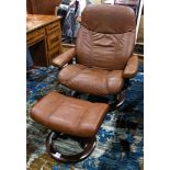 (lot of 2) Stressless chair and ottoman, each having tan upholstery, the chair having an