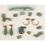 Collection of diamond, jade, aventurine, carnelian, enamel and yellow gold items Including 1) pair