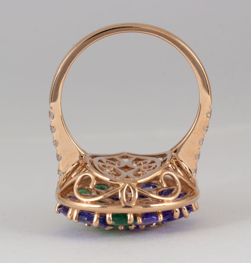 Tanzanite, emerald, diamond and 14k yellow gold ring Featuring (11) varying-shaped emeralds, - Image 6 of 6