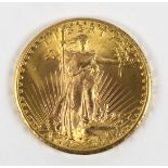United States 1927 Saint-Gaudens $20 gold coin with double eagle design.