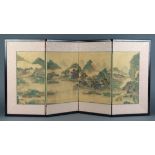 Japanese four-panel screen, landscape with river scene with boats and figures, ink and colors on