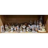 One shelf of mostly Hummel and Hummel style figures, in various sizes, some with early marks,
