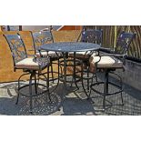 Modern outdoor dining set, consisting of a tall table, having a circular pierced top, 41"h x 42"