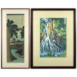 (lot of 2) Japanese woodblock prints: Katsushika Hokusai (1760-1849), "Waterfalls at Mount