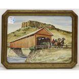 Covered Bridge Scene with Figures in a Horse Drawn Wagon, watercolor, signed "A. Woods Gibberson"