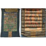 (lot of 2) Himalayan painted thangka, ink and color on textile: Green Tara, the seated central deity