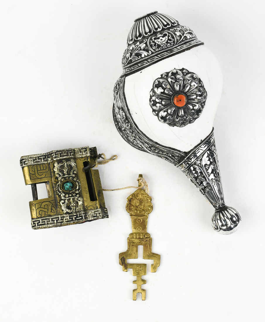 (lot of 2) Himalayan decorative items: consisting of an ornate lock with key; together with a