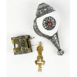 (lot of 2) Himalayan decorative items: consisting of an ornate lock with key; together with a