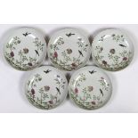 (lot of 5) Chinese porcelain plates, featuring a pair of birds amid pink peonies, base with Daoguang