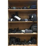 Four shelves of cameras including Canon, Nikon N65, Olympus 35DC, Canon Eos Elan II, Pentax