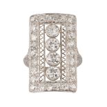 Edwardian diamond and platinum ring Centering (4) old European-cut diamonds, weighing a total of