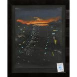 Untitled (City Street Scene with Lights at Night), pastel on black paper, signed indistinctly "