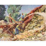 Oscar Galgiani (American, 1903-1994), Placer Mining Scene with Figures, oil on board signed lower