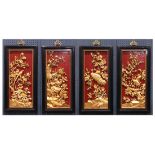 Set of four Chinese gilt lacquered wood panels, featuring birds-and-flowers of the four seasons in