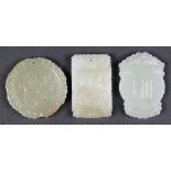 (lot of 3) Chinese small hardstone plaques: first, of rectangular form with fu-lions; second, a