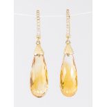 Pair of citrine, diamond and 14k yellow gold earrings Featuring (2) citrine briolette drops,