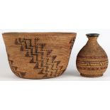 (lot of 2) Native American basketry group, consisting of a Yokuts polychrome storage basket 6.5"h