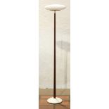 Modern floor lamp, having a white mushroom shade above the mahogany stained standard terminating