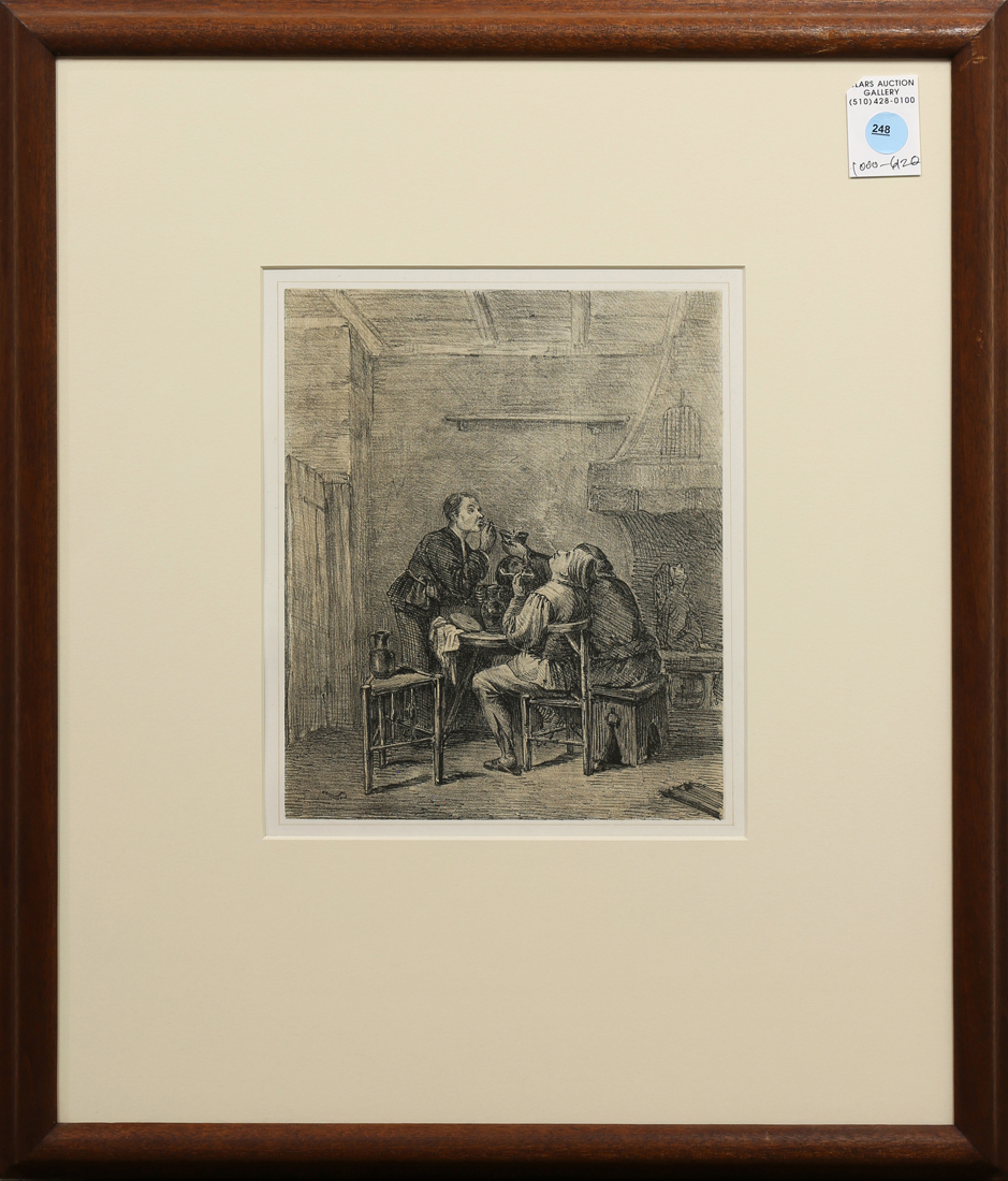 17th Century Interior Tavern Scene with Figures Smoking Pipes, lithograph, unsigned, 20th century