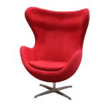 Arne Jacobsen style egg chair, executed in red, having a shaped back and rising on a chrome swivel