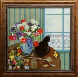 Still Life with Cat and Flowers, 1988, oil on canvas, signed "C. Brachet" and dated lower right,