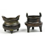 (lot of 2) Chinese small bronze tripod censers, each of the bases marked 'da qing nian zhi', 2.125"