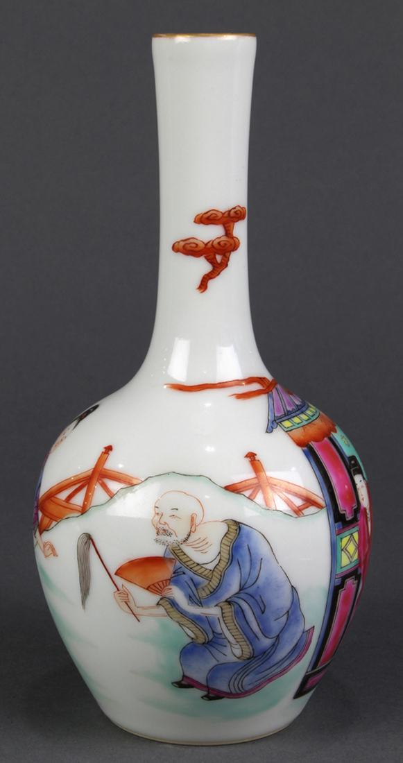 Chinese famille rose small porcelain vase, with a stickneck and globular body featuring a monk and - Image 2 of 6