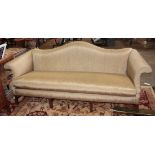 Chippendale style camel back sofa, the classic form with raw silk upholstery and rising on square
