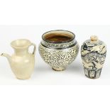 (lot of 3) Chinese small ceramics: one white glazed ewer; one Cizhou-type jar with bronze floral