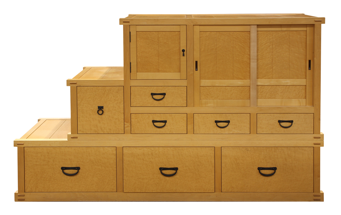 Berkeley Mills step tansu, in two parts, having a rectangular top, above the case with eight drawers