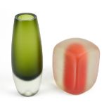 (lot of 2) Modern art glass vase group, consisting of a Venini Incisi vase having a green interior
