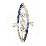 Diamond, sapphire and 14k white gold ring Centering (3) full-cut diamonds, weighing a total of