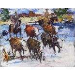James Lee Colt (American, 1922-2005), Cowboys Herding Cattle, oil on canvas board, signed lower