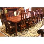 (lot of 11) Mission stlye dining table with ten chairs and four leaves, 30.5"h x 10'10''w x 3'6''