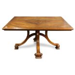 Contemporary walnut dining room table, the square form with a bookmatched top above the pedestal