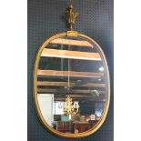 Oval gilt mirror, surmounted with a palm form finial, 3'5''h