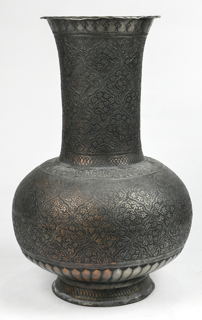 Pair of Middle Eastern silvered copper vases, each having a stick neck above a bulbous body, - Image 2 of 4