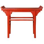 Chinese red narrow table (qiao tou an), with upturned flanges on the the top, with cylindrical